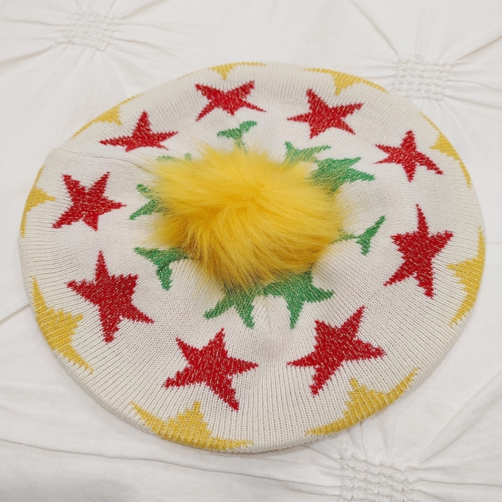 HBC Stripes + Color Me Courtney shimmer stars pompom beret hat